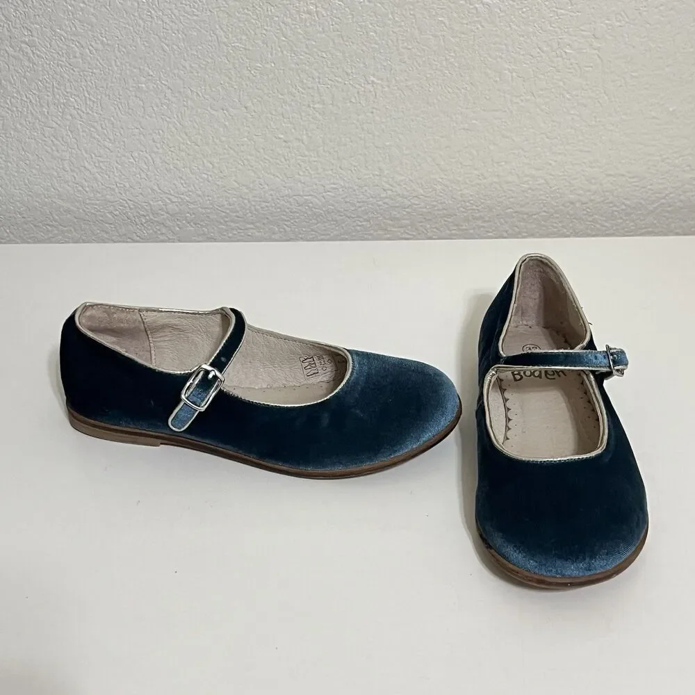 Mini Boden Blue Velvet Mary Jane Shoes Buckle Flats Girls Size 32 US 13.5